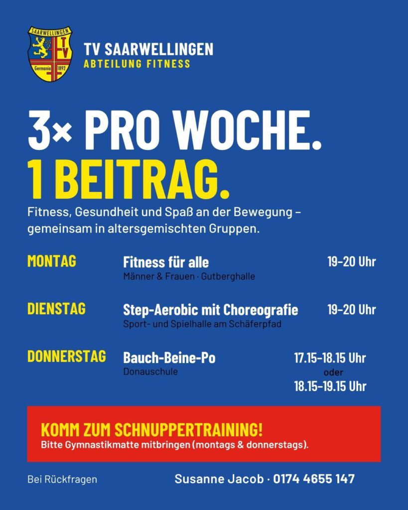 Trainingszeiten der Abteilung Fitness des TV Saarwellingen